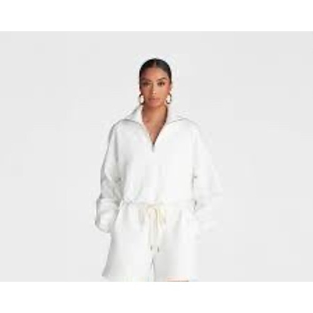 KBB by Kahlana Barfield Brown White Quarter Zip Cropped Sweatshirt Large NWT